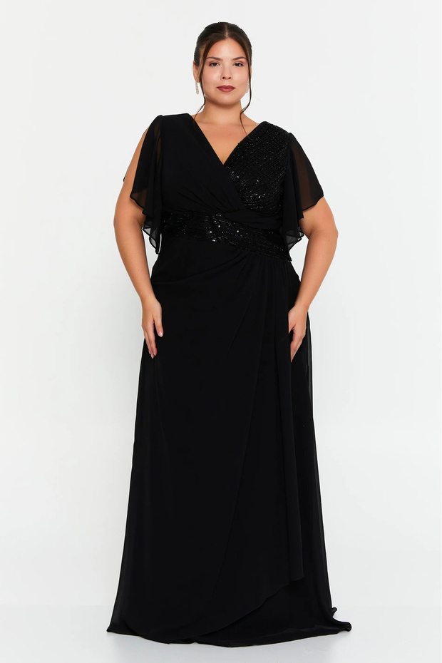 Women's Plus Size Double-Breasted Collar Chiffon Long Evening Dress 7038 Black