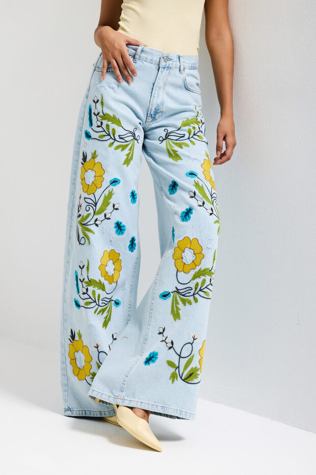 Women's Ice 11s6-99 Palazzo Fit Special Yellow Blue Floral Pattern Embroidered Design Denim Jeans