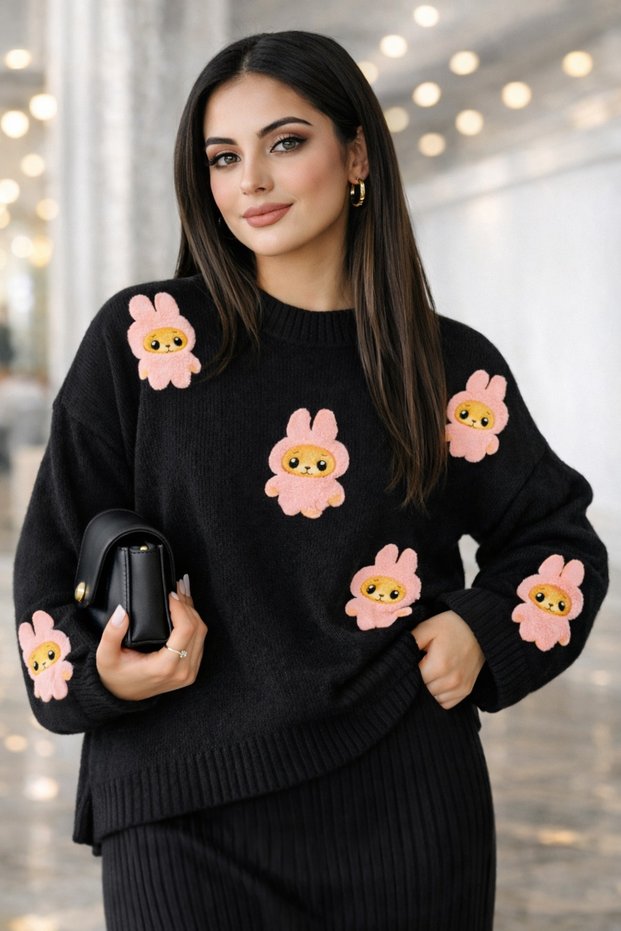Women's Character Embroidered Knitwear Sweater Dress Two-Piece Set (Sleeveless Dress Top Is a Sweater) Standard Size