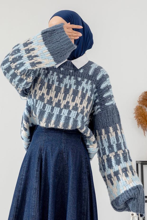 Üç Renk Kalın Örme Kazak - İndigo - 1