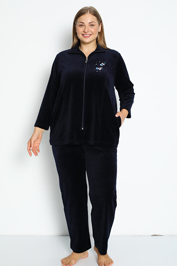 Navy Blue Zippered Cotton Velvet Stone Detailed Long Sleeve Plus Size Top and Bottom Set