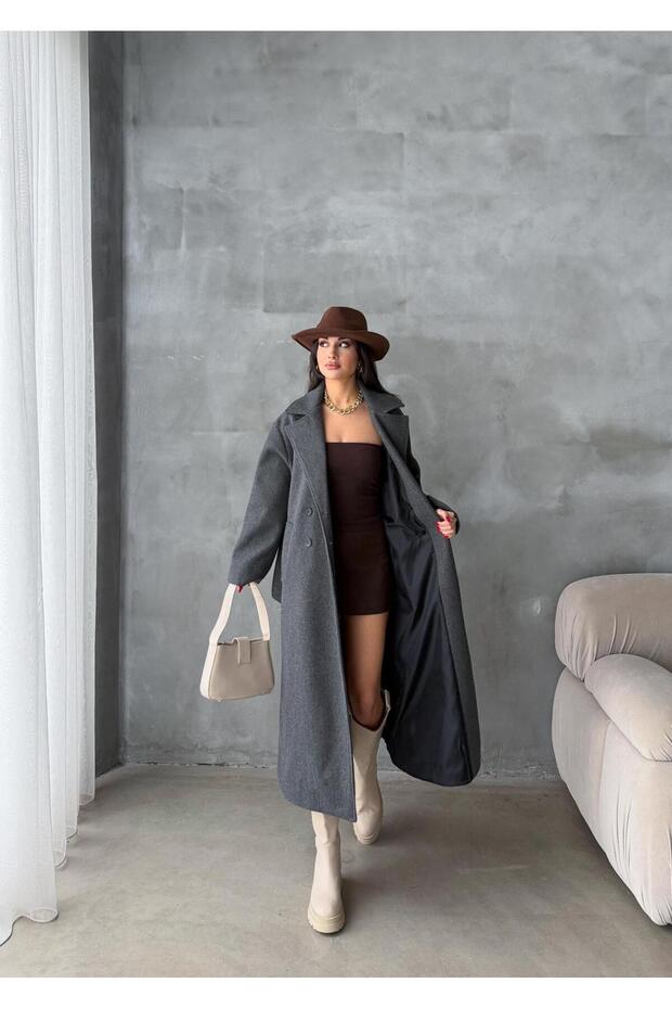 بأزرار على الجهتين معطف كاشي مبطن بأزرار وحزام عند الخصر وياقة - 2