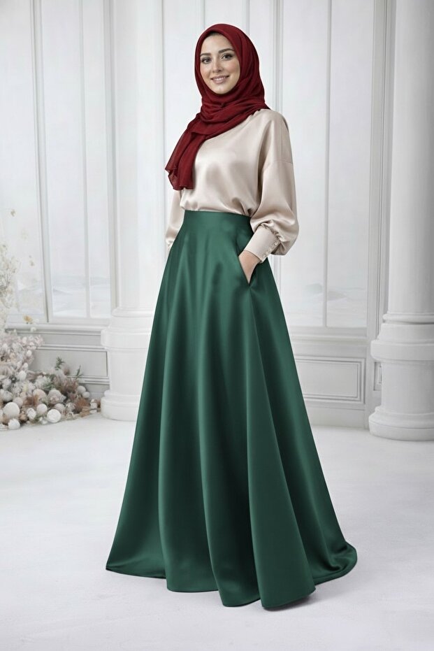 Women's Hijab Emerald Green Pervazli Pocketed Kiloş Skirt