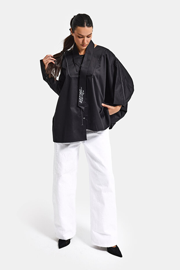 Kadın Siyah Renk Oversize Tasarım Gömlek - 3