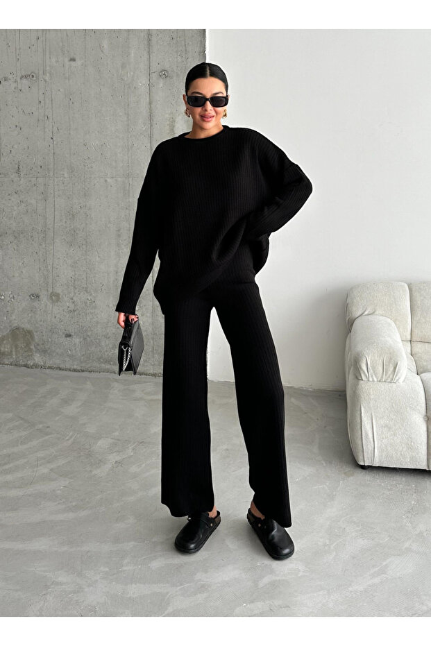 Black Corded Fabric Knitwear Set - 4004