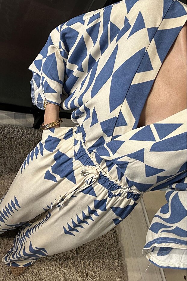 Back-Tie Geometric Pattern Double Set - Blue Blue - 2