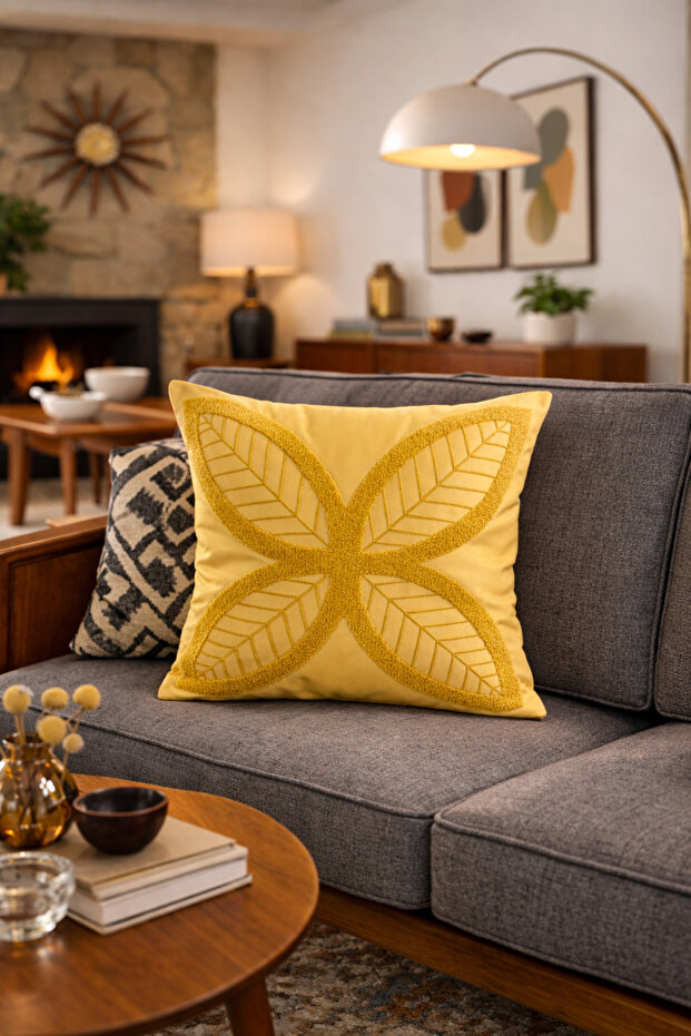 Punch Embroidered Throw Pillow Cover - 43*43 cm - 4 Leaf Yellow - Pnk001