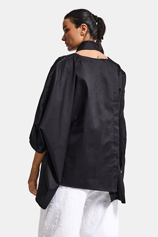 Kadın Siyah Renk Oversize Tasarım Gömlek - 5