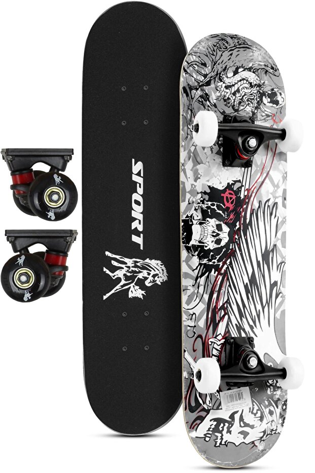 Telvesse Kemik Teker Kaykay Semi-PRO 8 Katman Yüzey Zımparalı Kaymaz Skateboard 80 cm Kanatlı Kuru Kafa GRİ