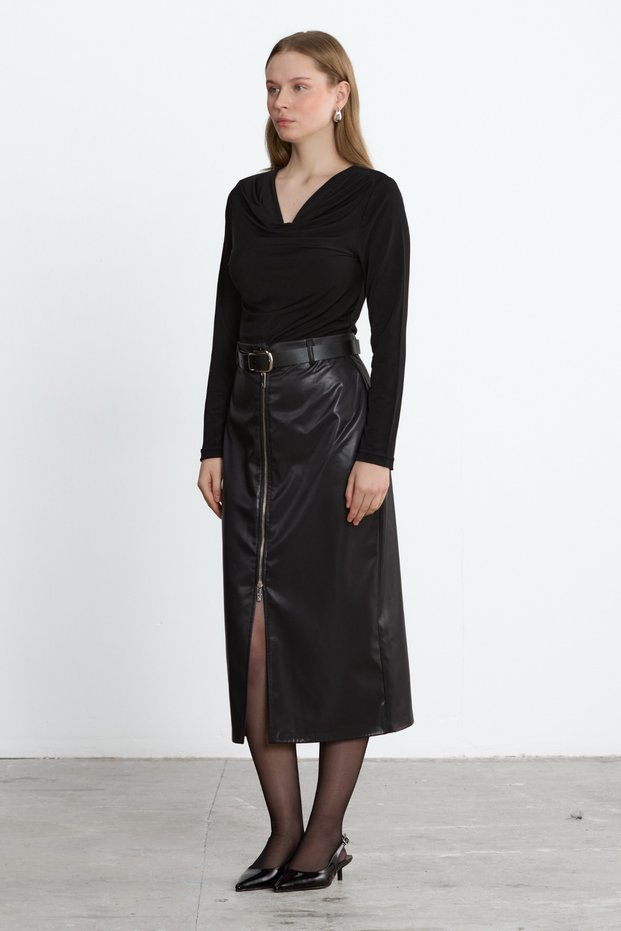 Black Nova Zipper Detailed Midi Leather Skirt