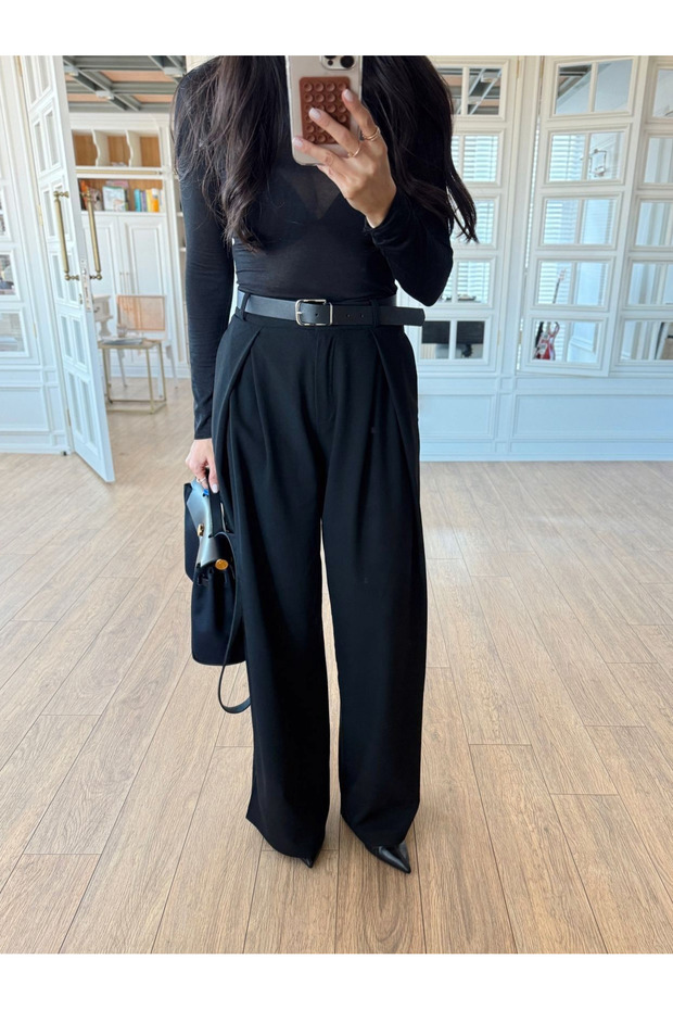 Black Pleated Waist Belted Wide Leg Pants with Side Pockets - 4073