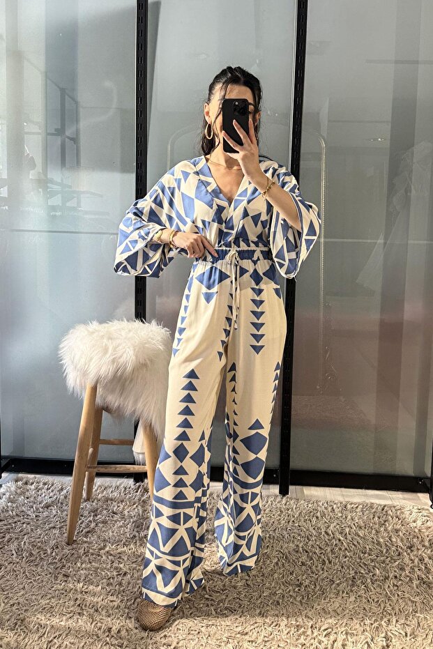 Back-Tie Geometric Pattern Double Set - Blue Blue - 4