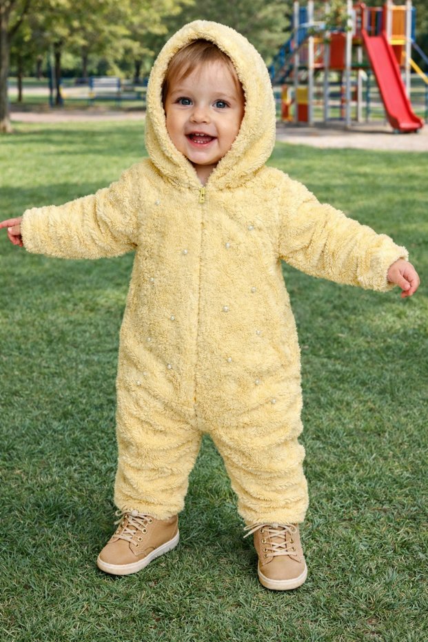 Winter Sweet Baby Hooded Plush Jumpsuit Pearl Detailed Winter Soft Jumpsuit