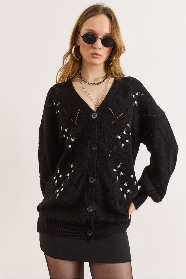 Women's Black Embroidery Detailed Long Knit Cardigan Hrk-19000465