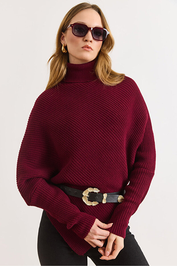Women's Burgundy Turtleneck Asymmetrical Poncho Sweater Kzk-19001145