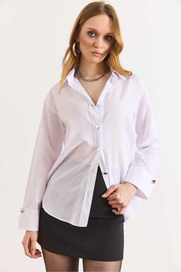 Women's White Cuff Detailed Comfortable Fit Shirt Gml-19001420