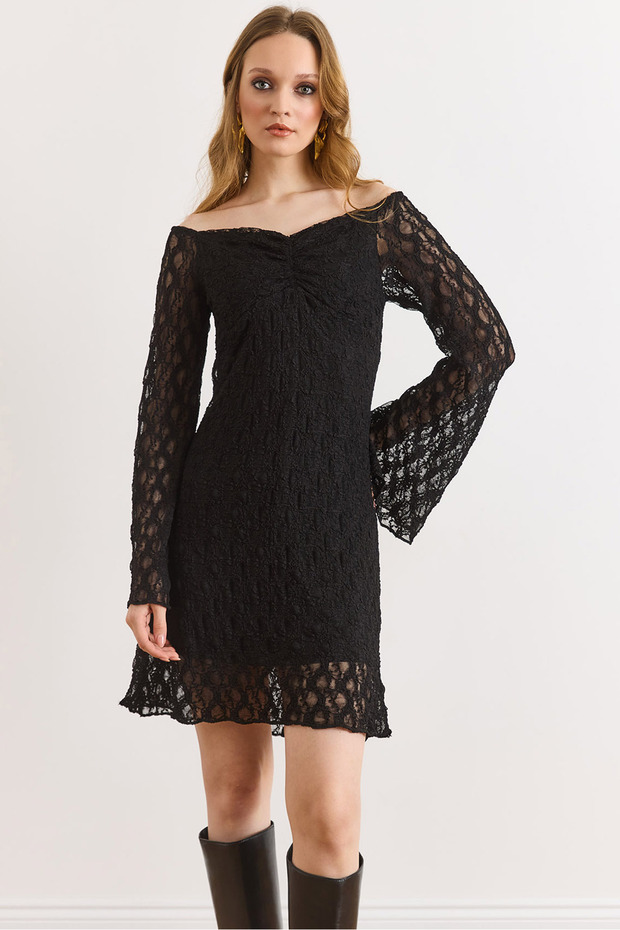 Women's Black Lined Flexible Mini Lace Dress Elb-19002588
