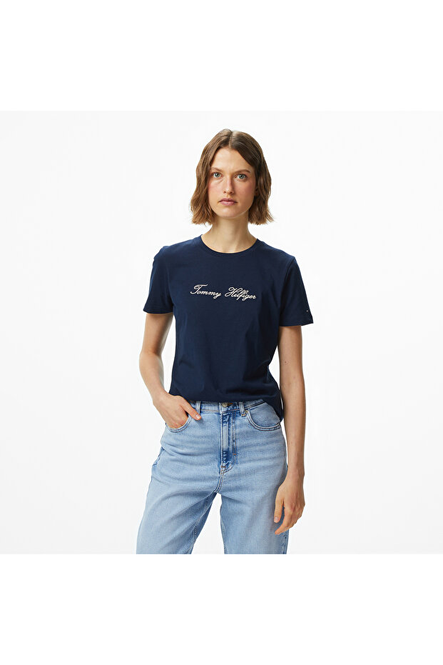 Lurex Script Regular Kadın Mavi T-Shirt - 1
