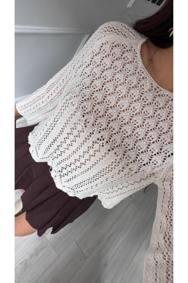 Kırık Beyaz Triko İspanyol Kol Örme Bluz - 4