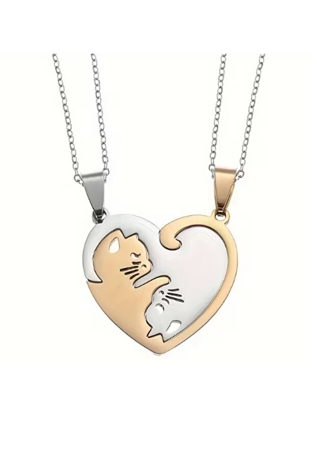 Couple Cat Binary Lover Necklace Gold Silver Interlocking Heart Pendant