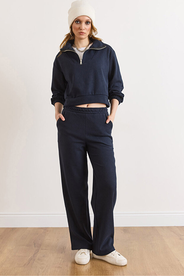 Women's Navy Blue Top and Bottom Polo Collar Thessaloniki Set Tkm-19000324