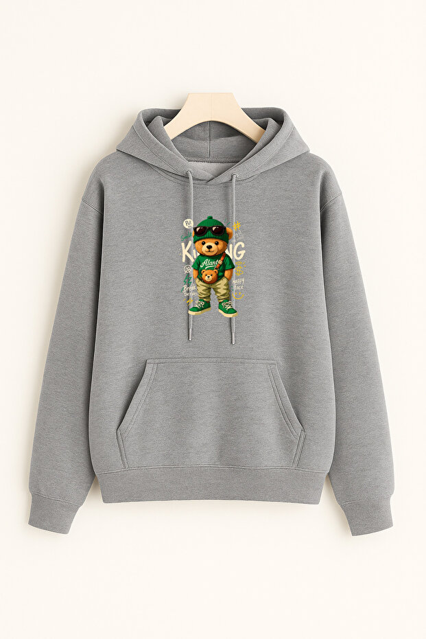 Unisex Winter Bear King Printed Regular Cotton Hooded Sweatshirt