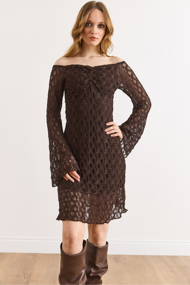 Women's Bitter Brown Lined Flexible Mini Lace Dress Elb-19002588