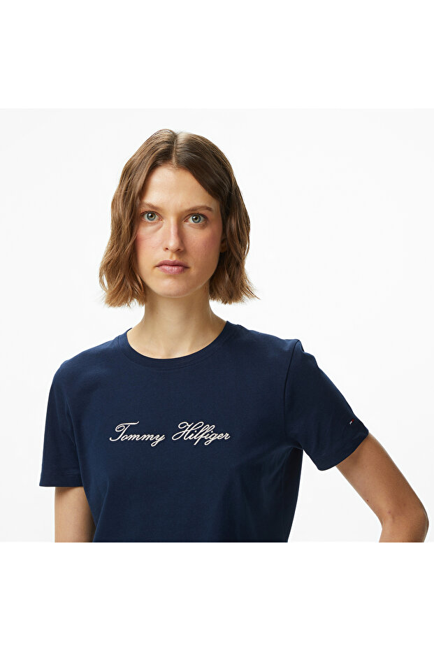 Lurex Script Regular Kadın Mavi T-Shirt - 4
