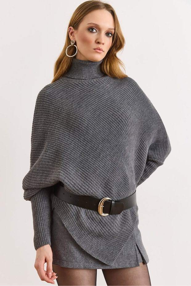 Women's Smoked Turtleneck Asymmetrical Poncho Sweater Kzk-19001145