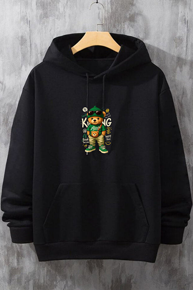 Men's Winter Bear King Printed Cotton Sweatshirt with Hooded Kangaroo Pockets