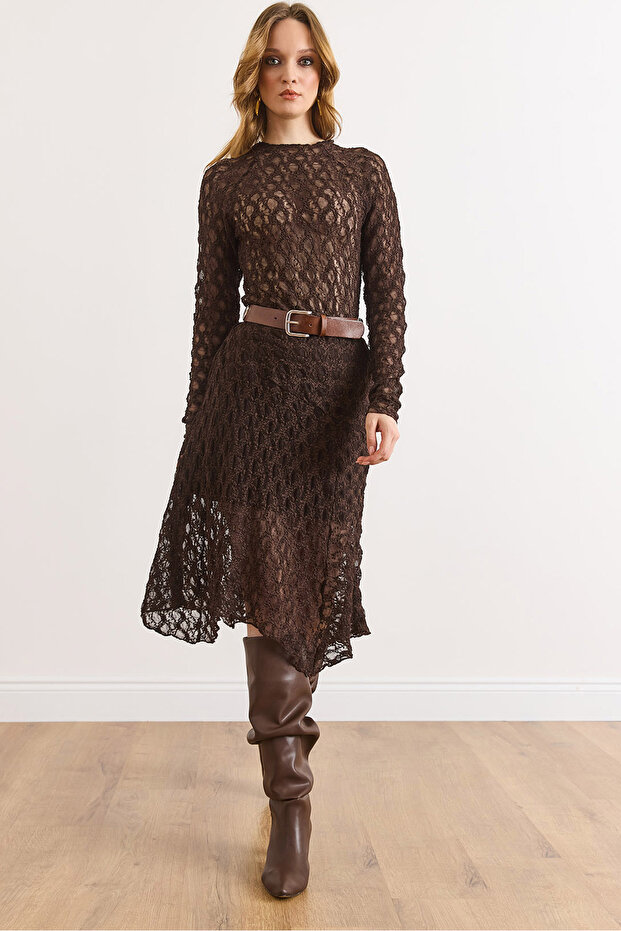 Women's Bitter Brown Lined Asymmetrical Lace Skirt Etk-19000397