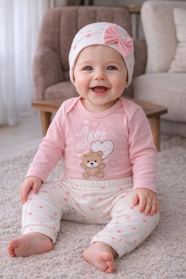 Heart Bow Teddy Bear Baby Girl Transitional Salmon 3-Piece Set Bodysuit-Pants-Beanie