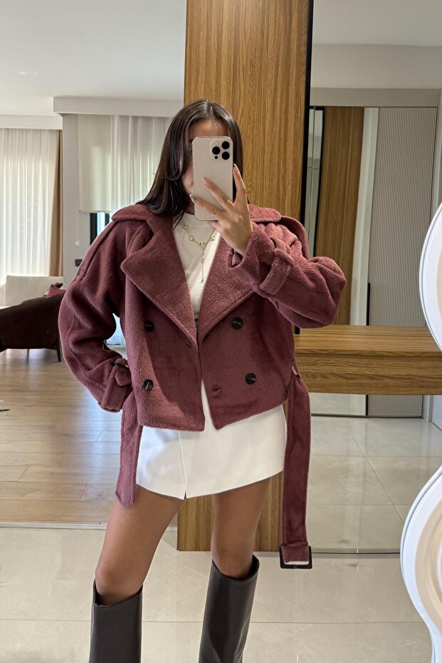 Devida Gül Kurusu Kemerli Peluş Ceket - 4