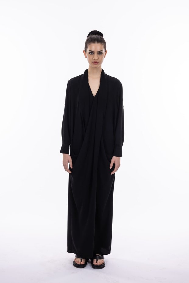 Flower Draped V-Neck Woven Long Women's Dress