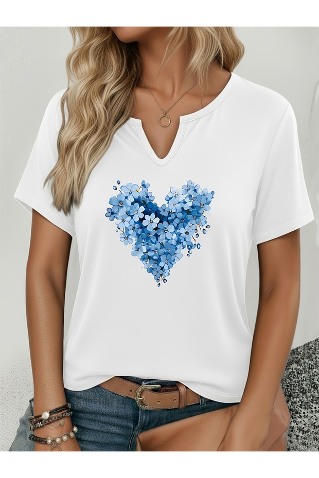 Women's Blue Heart Printed Half V-Neck Sleeves Regular Fit Comfortable T-Shirt