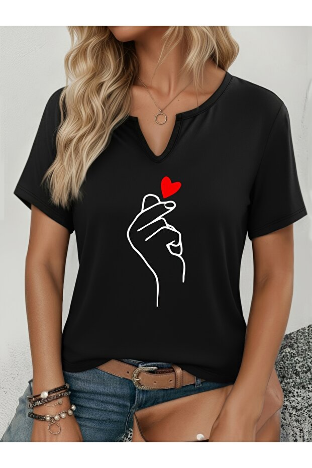 Women's Hand Heart Printed Half V-Neck Sleeves Regular Fit Comfortable T-Shirt