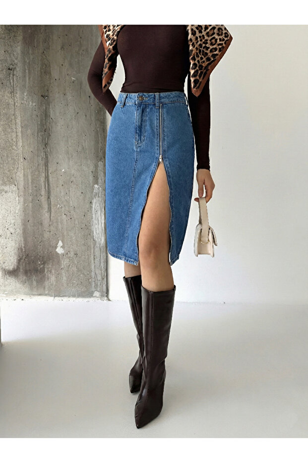 Front Zipper Detail Denim Skirt