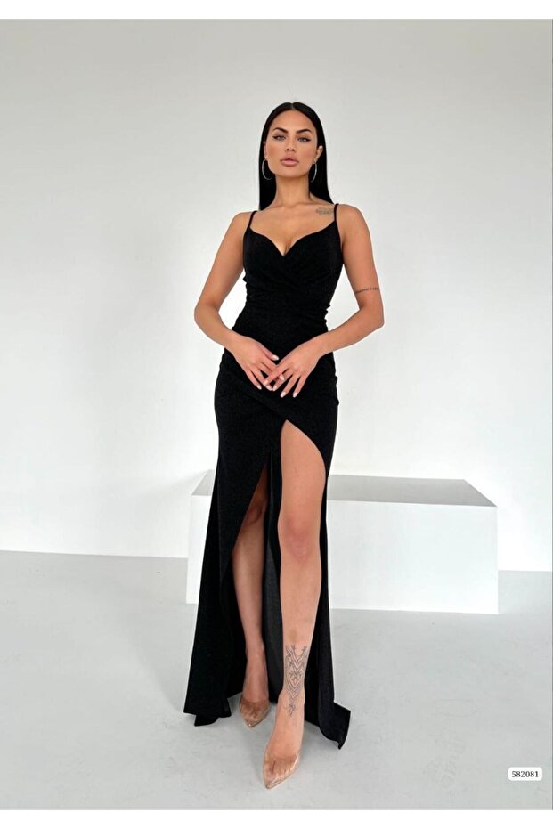 Women's Strappy Double-Breasted Collar Slit Flowers Fabric Evening Dress