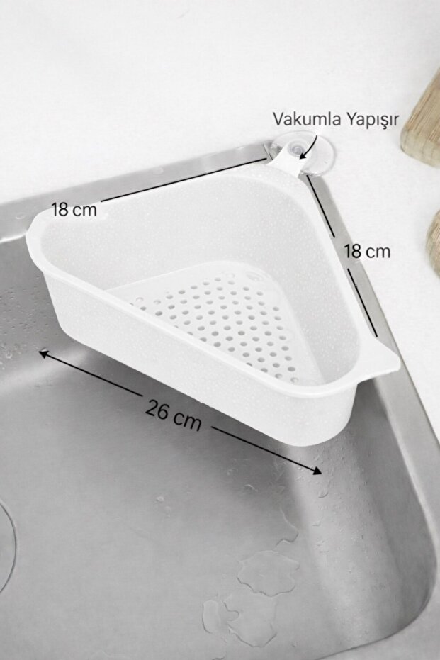 مصفاة حوض المطبخ على شكل مثلث مع مصاصة، مصفاة زاوية لحوض المطبخ باللون الأبيض - 8