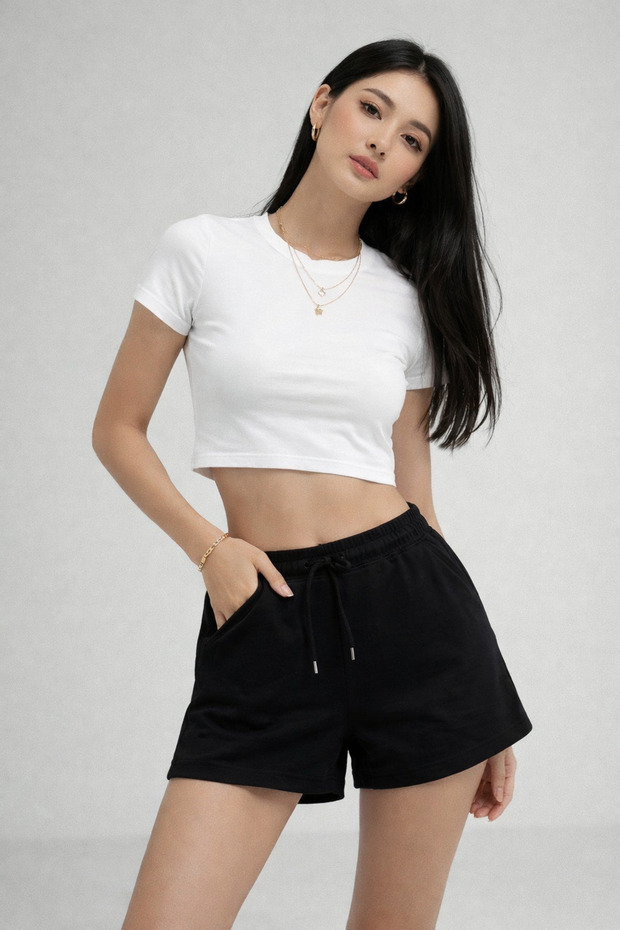 Women's Black Adjustable Drawstring High Waist Shorts