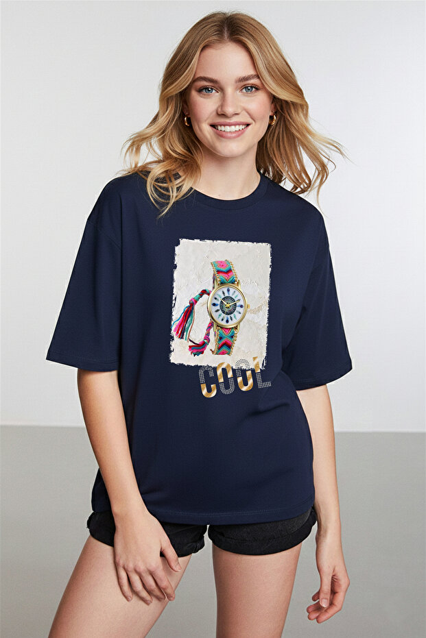 Women's Navy Blue T-Shirt with Watch Figure and Cool Written