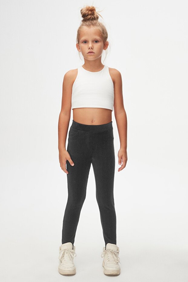 Anthracite Girls' Corded Fabric Velvet Tights with Pockets