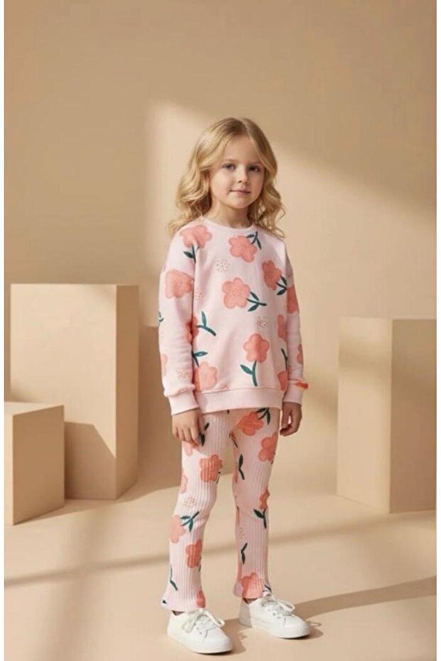 Flower Printed Girls' Double Set with Leggings