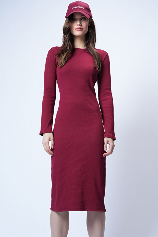 Bordo Bisiklet Yaka Midi Boy Örme Elbise ALC-X14774 - 3