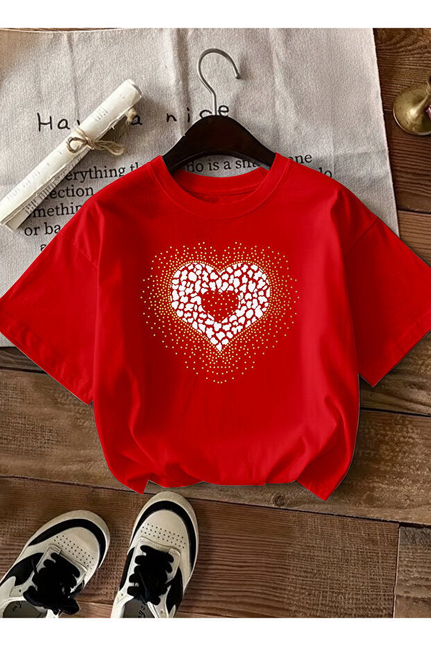 Women's Modern Leopard Heart Design Red T-Shirt