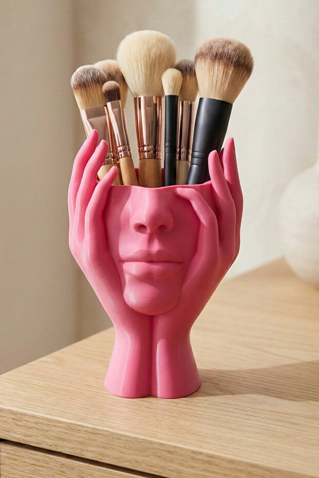 Pink Makeup Organizer and Brush Holder with Female Silhouette Design - Stylish Cosmetic Organizer