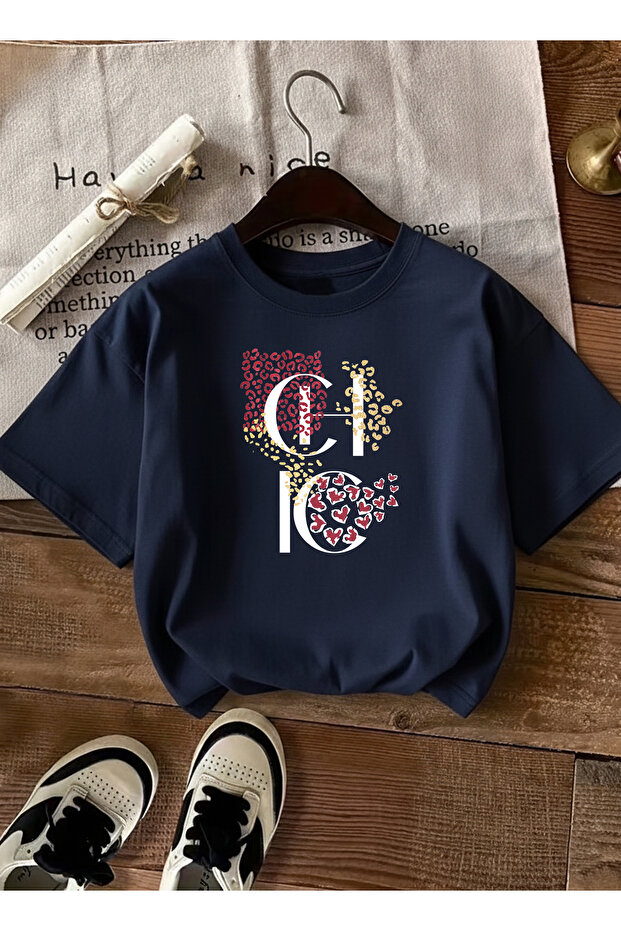 Women's Stylish Design Chic Lettered Crew Neck Navy Blue T-Shirt