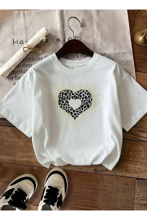 Women's Modern Leopard Heart Design White T-Shirt