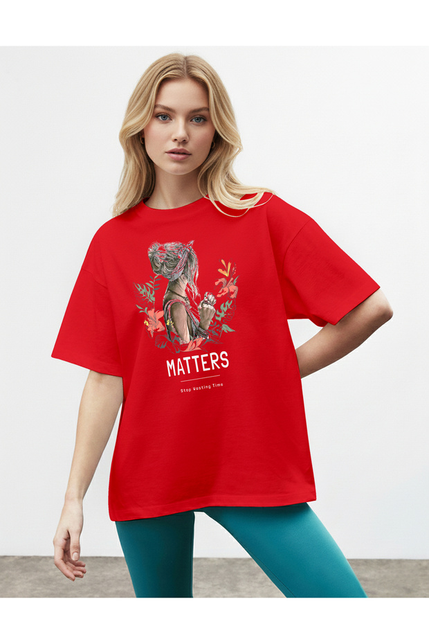 Women's Portrait Printed Floral Detailed Red T-Shirt