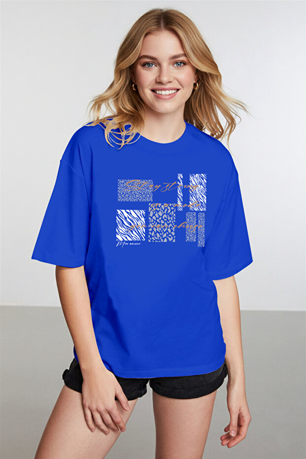 Women's Zebra and Leopard Detailed Crew Neck Cobalt Blue T-Shirt